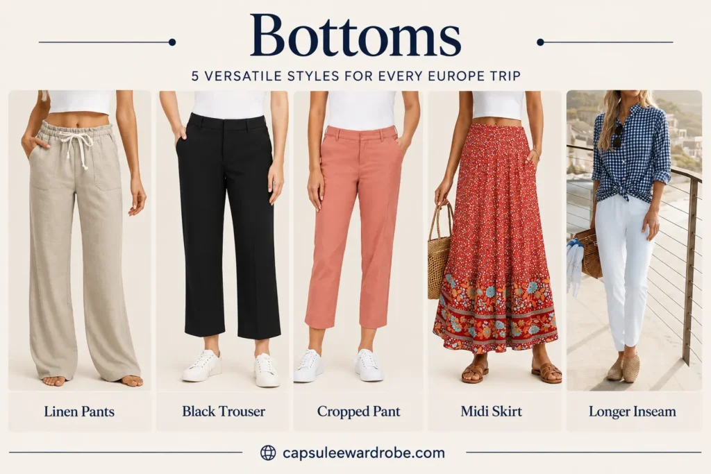 Europe capsule wardrobe bottoms featuring jeans, trousers, midi skirt and longer inseam pants