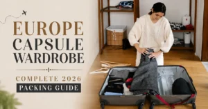 Woman packing a suitcase for a Europe capsule wardrobe with minimalist travel clothing and packing essentials for 2026.