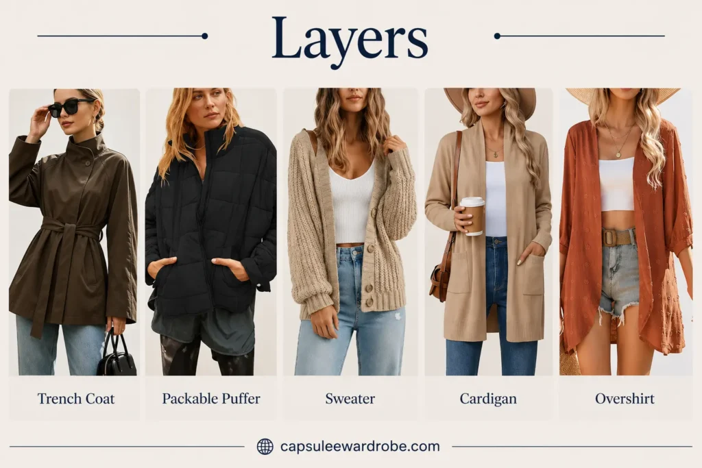 Europe capsule wardrobe layers with trench coat, packable puffer, sweater, cardigan and overshirt