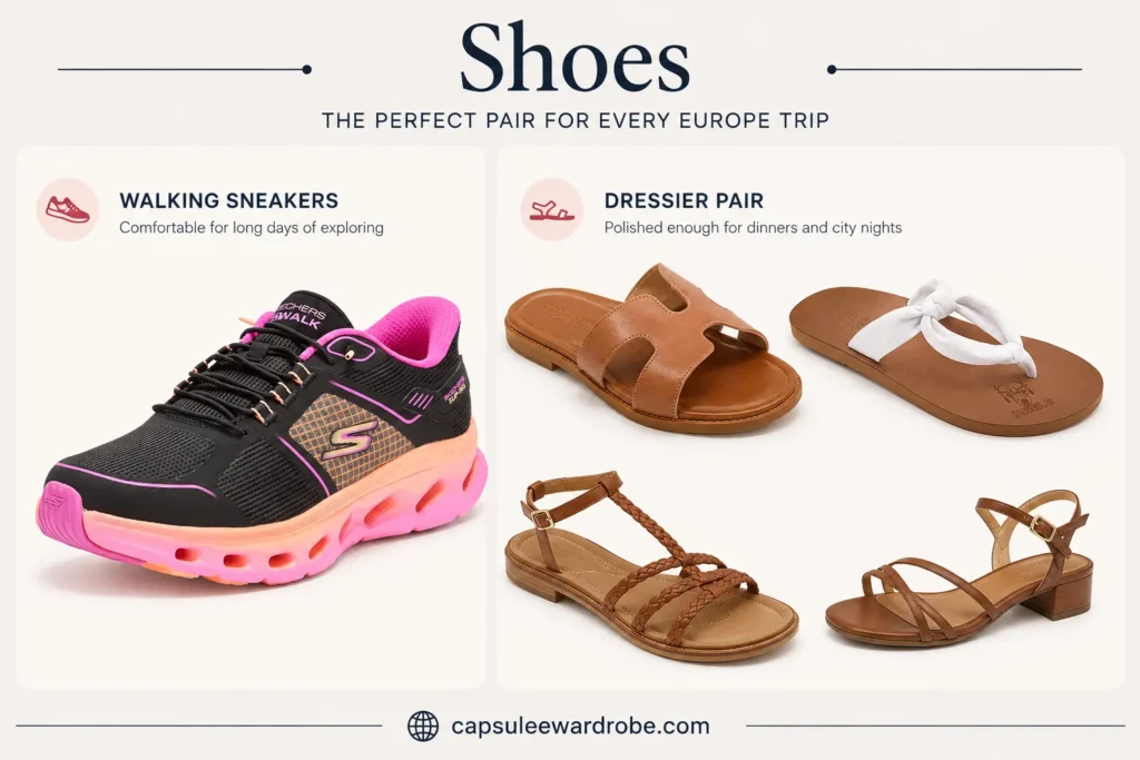 Europe capsule wardrobe shoes including walking sneakers, sandals and comfortable travel footwear