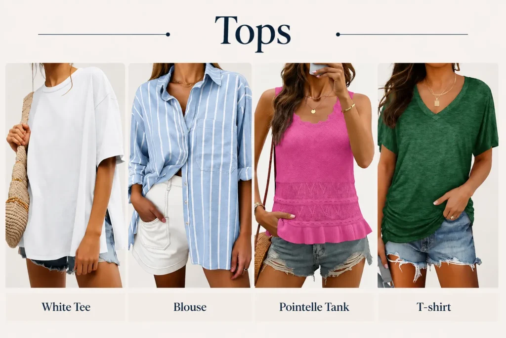 Europe capsule wardrobe tops including white tee, blouse, pointelle tank, T-shirt and button-down shirt