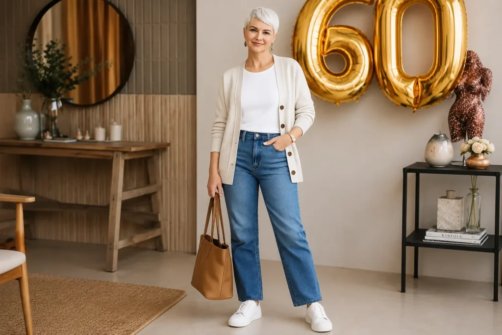 Woman over 50 wearing an everyday capsule wardrobe outfit with a tee, cardigan, straight-leg jeans, white sneakers, and a leather tote bag.