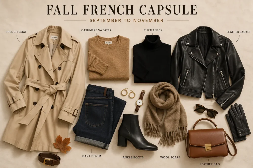 Fall French capsule wardrobe essentials featuring a trench coat, cashmere sweater, leather jacket, dark denim, ankle boots, wool scarf, and structured leather bag.