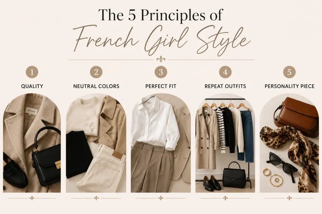 Infographic showing the five principles of French girl style: quality, neutral colors, perfect fit, outfit repeating, and a signature personality piece.
