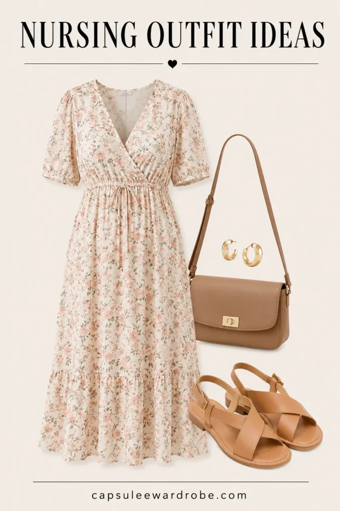 Floral nursing dress with comfortable sandals for a stylish breastfeeding-friendly postpartum outfit.