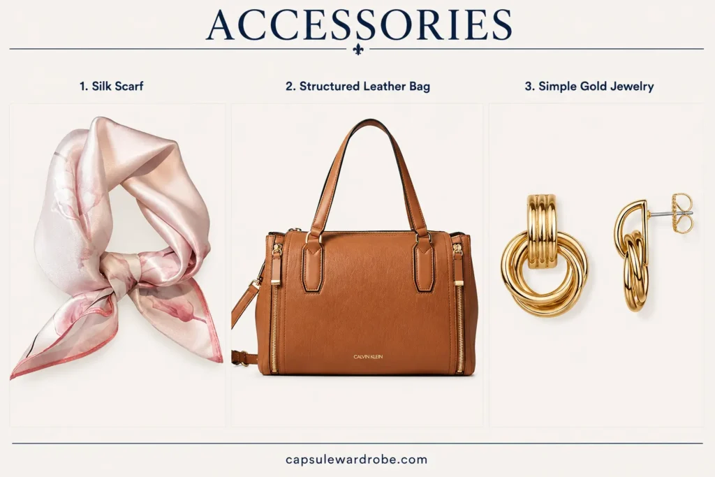 French capsule wardrobe accessories including a silk scarf, structured leather bag, and simple gold jewelry