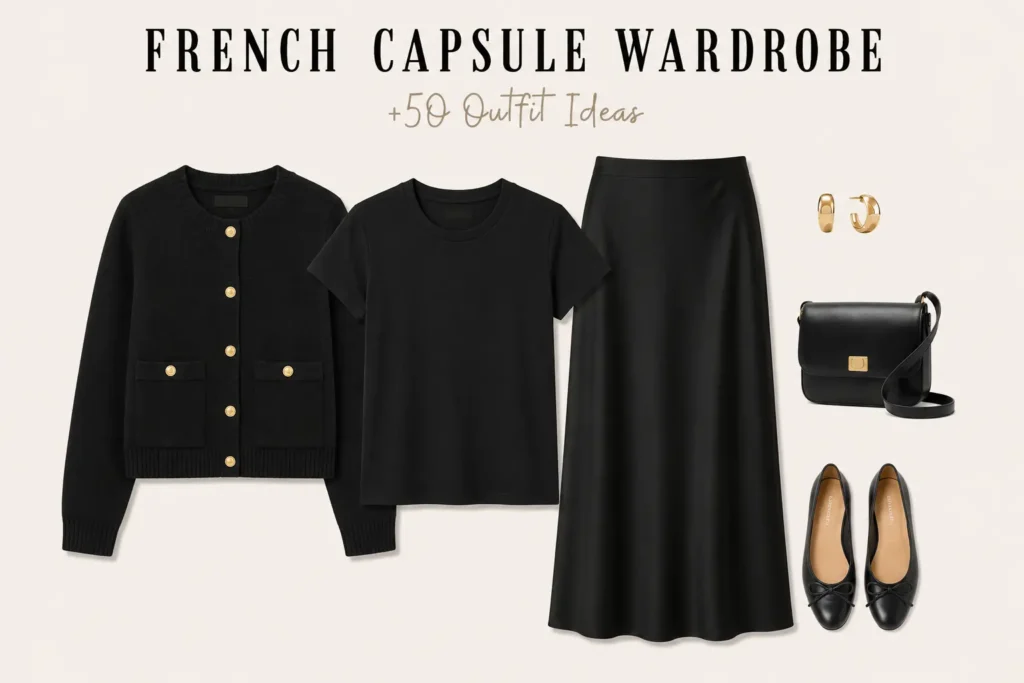 Elegant French capsule wardrobe outfit featuring a black tee, black midi skirt, cardigan, ballet flats, and minimalist accessories.