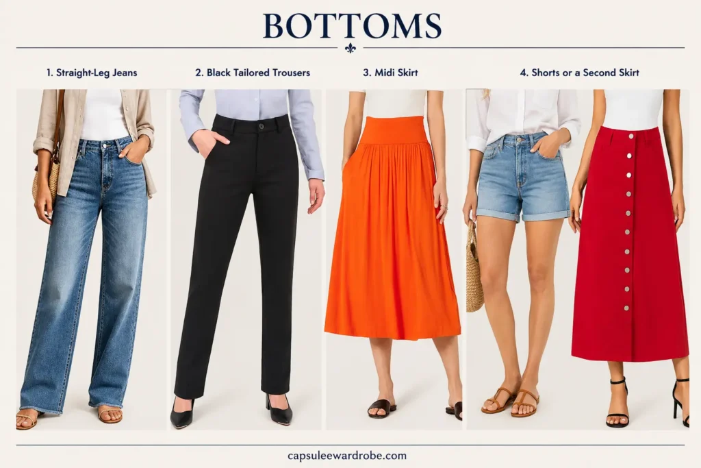French capsule wardrobe bottoms with straight-leg jeans, tailored trousers, midi skirt, and versatile shorts
