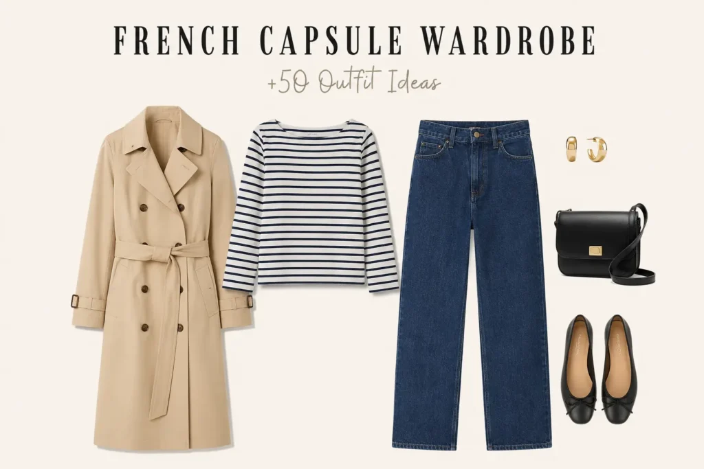French capsule wardrobe outfit featuring a Breton striped tee, straight-leg jeans, trench coat, ballet flats, and classic accessories.