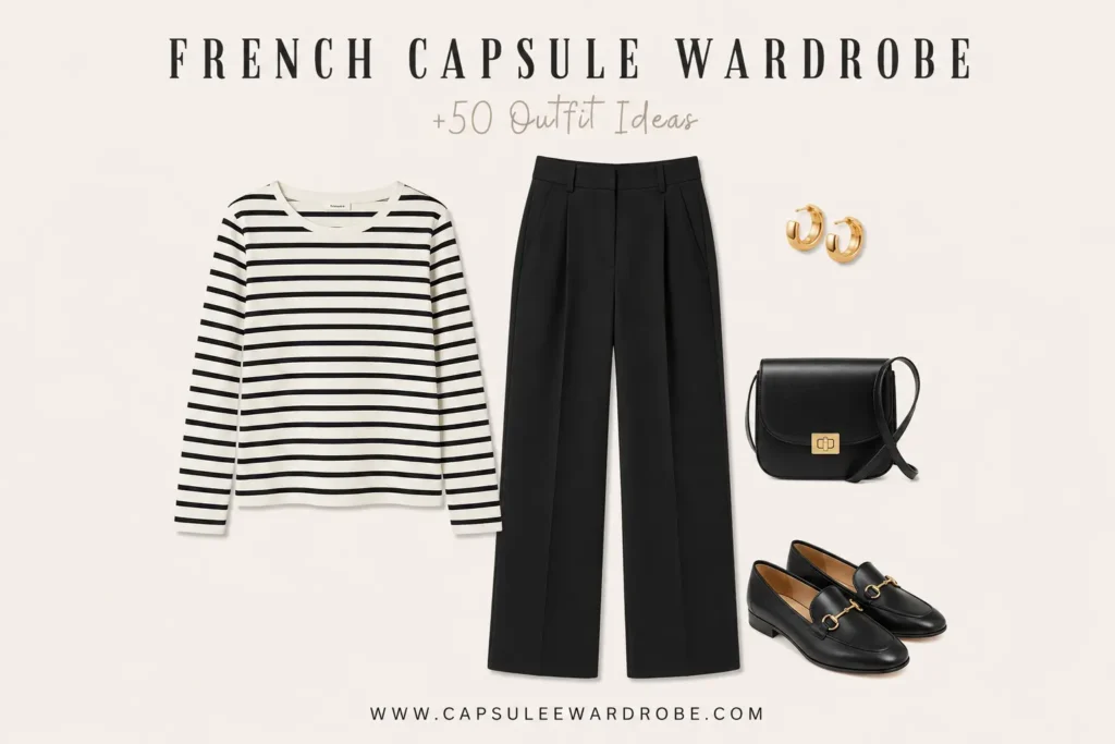 French capsule wardrobe outfit featuring a classic Breton striped tee, black tailored trousers, leather loafers, and a black crossbody bag.