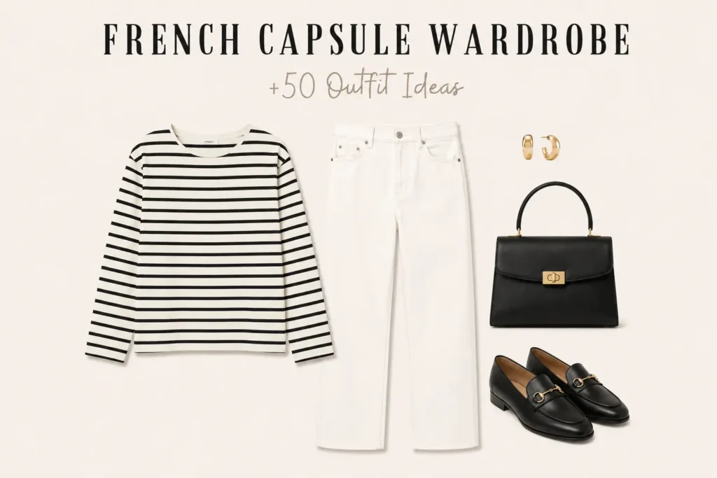 French capsule wardrobe outfit featuring a Breton striped tee, white jeans, black leather loafers, and a structured handbag for timeless everyday style.