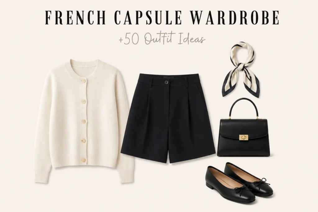 French capsule wardrobe outfit featuring a cream cardigan, tailored shorts, black ballet flats, silk hair scarf, and structured handbag.