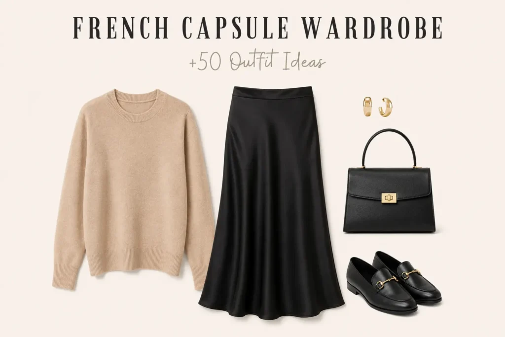 French capsule wardrobe outfit featuring a cashmere sweater, black midi skirt, leather loafers, and a structured handbag for timeless everyday style