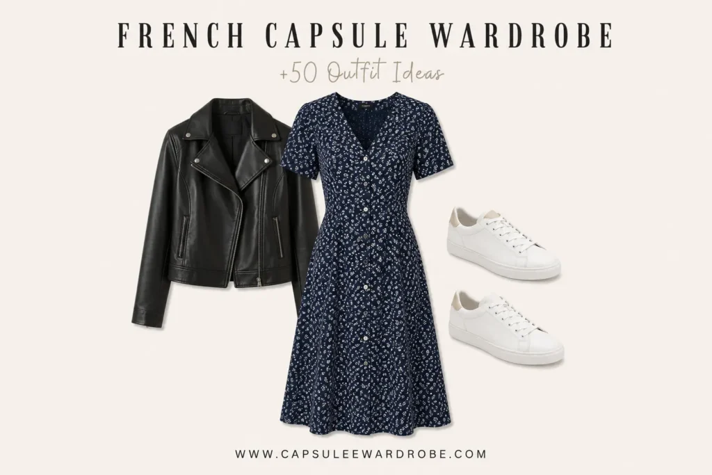 French capsule wardrobe outfit featuring a navy day dress, black leather jacket, and white sneakers for effortless everyday style
