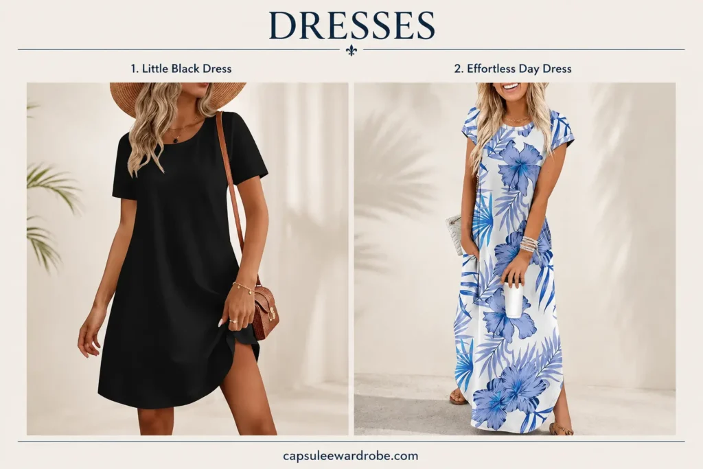 French capsule wardrobe dresses featuring a little black dress and an effortless day dress