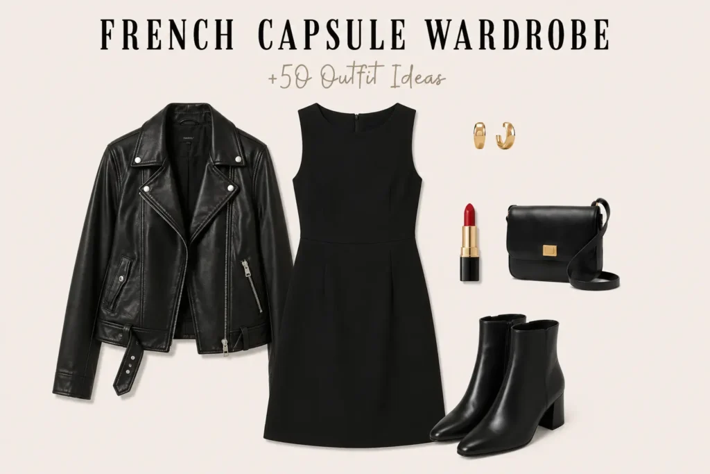 Elegant French capsule wardrobe outfit with a little black dress, black leather jacket, ankle boots, red lipstick, and classic accessories.