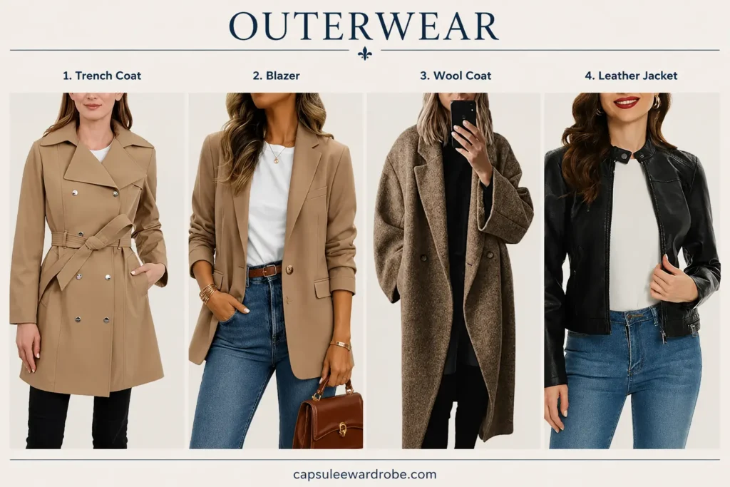 French capsule wardrobe outerwear including a trench coat, blazer, wool coat, and leather jacket