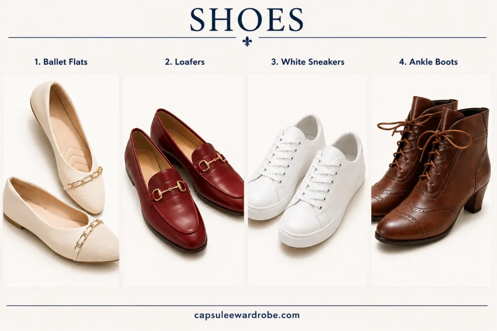 French capsule wardrobe shoes with ballet flats, loafers, white sneakers, and ankle boots