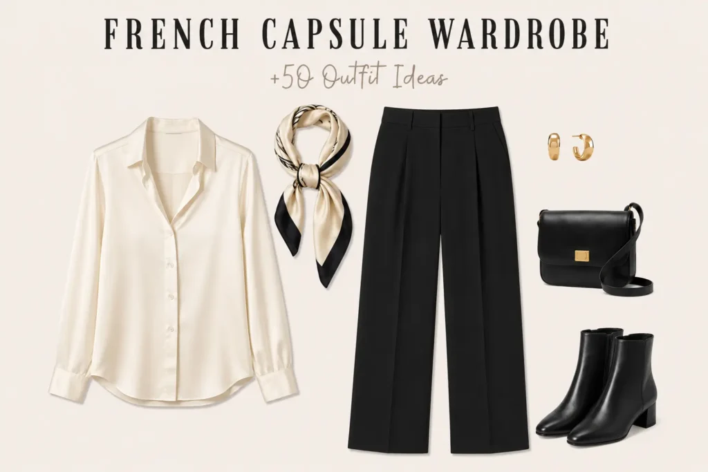 Elegant French capsule wardrobe outfit with a silk blouse, tailored black trousers, ankle boots, and a silk scarf for a timeless Parisian-inspired look.