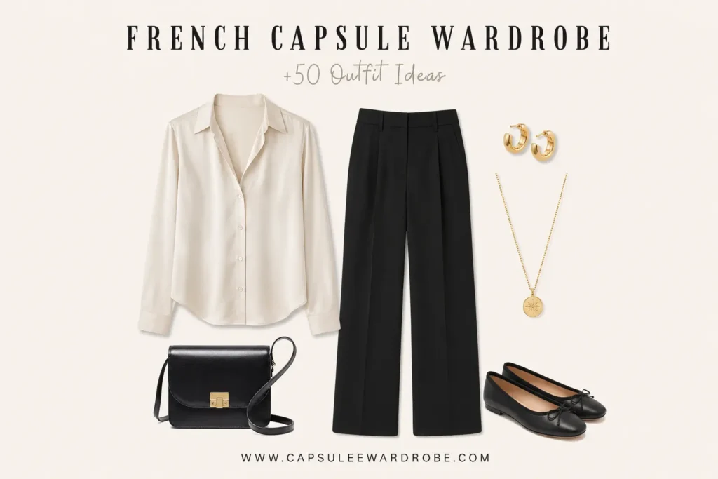 French capsule wardrobe outfit featuring a silk blouse, black trousers, black ballet flats, gold jewelry, and a classic black leather bag