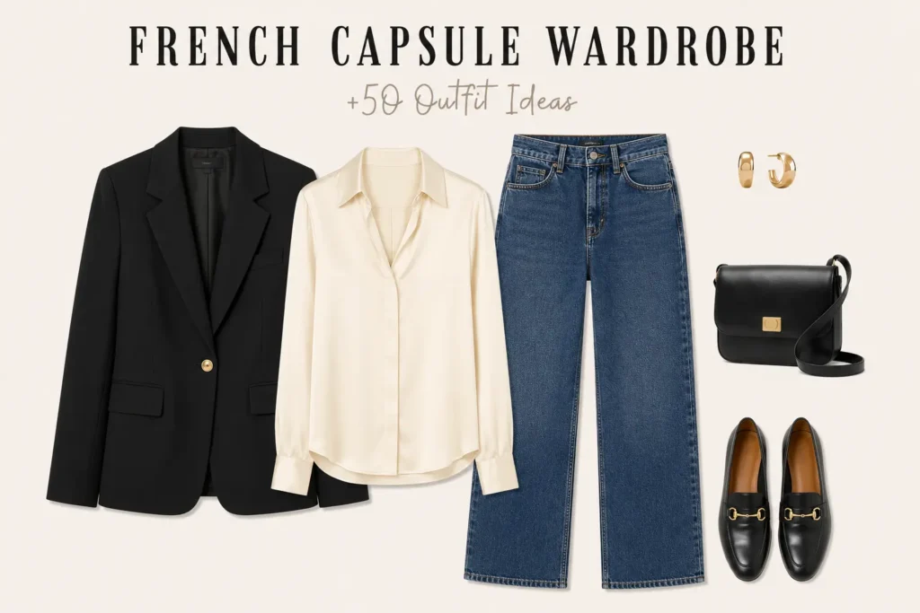 Chic French capsule wardrobe outfit with a silk blouse, straight-leg jeans, tailored black blazer, loafers, and classic handbag.