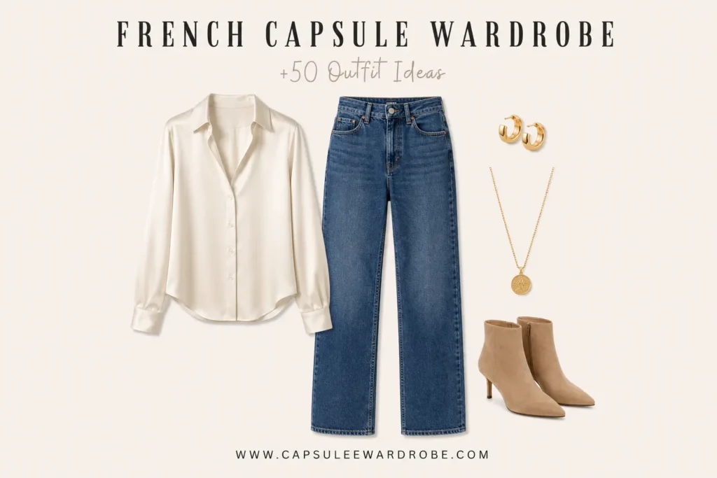 French capsule wardrobe outfit with a cream silk blouse, blue jeans, beige heeled ankle boots, and elegant gold jewelry.