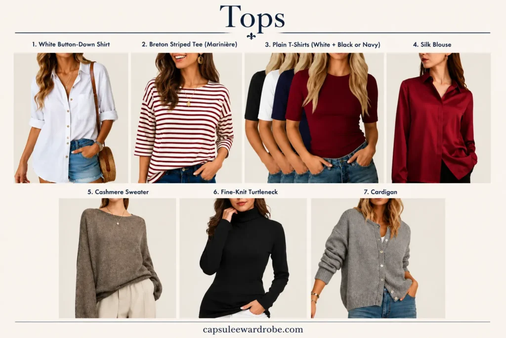 French capsule wardrobe tops including white shirt, Breton tee, silk blouse, cashmere sweater, turtleneck, cardigan, and basic T-shirts