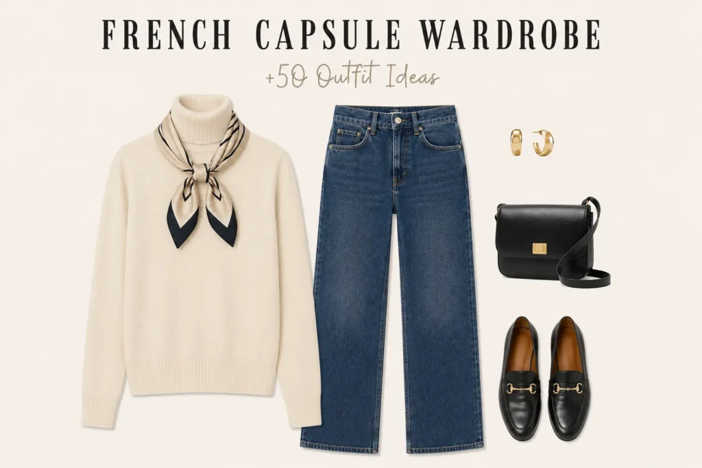 Timeless French capsule wardrobe outfit with a cream turtleneck, straight-leg jeans, black loafers, and a silk scarf.