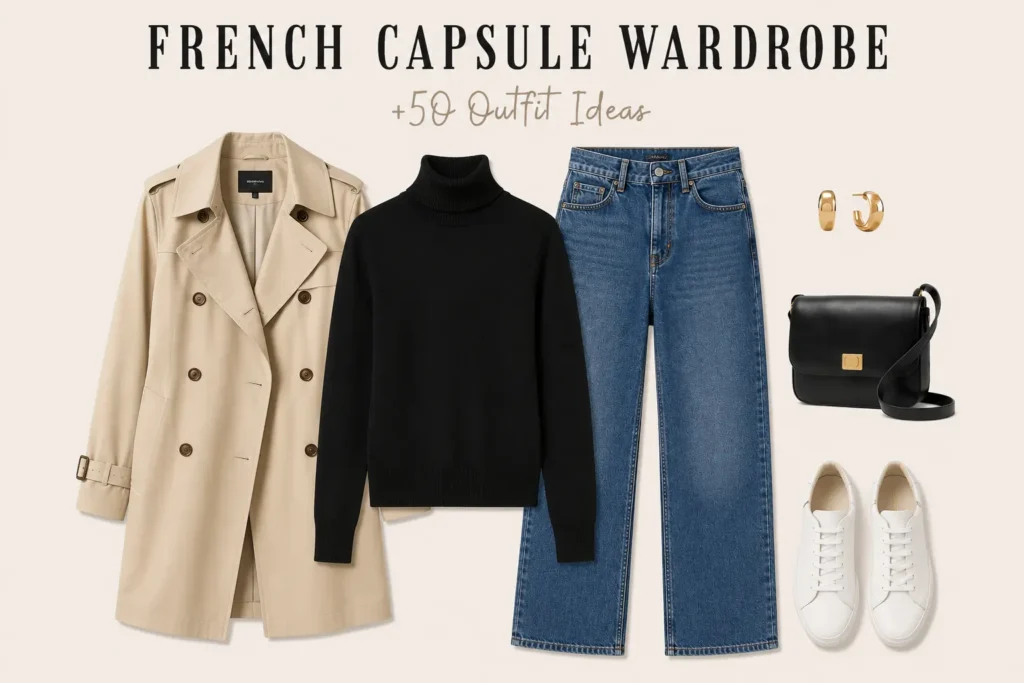 Timeless French capsule wardrobe outfit featuring a black turtleneck, straight-leg jeans, beige trench coat, white sneakers, and minimalist accessories.