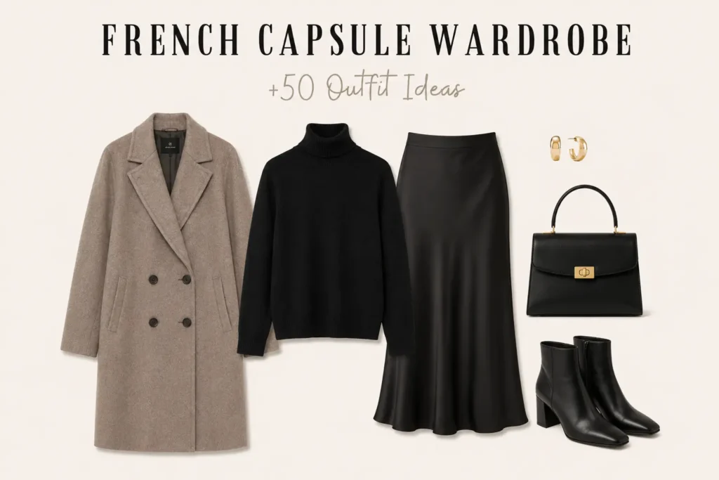 French capsule wardrobe outfit with a black turtleneck, slip midi skirt, ankle boots, and a classic wool coat for elegant fall style.