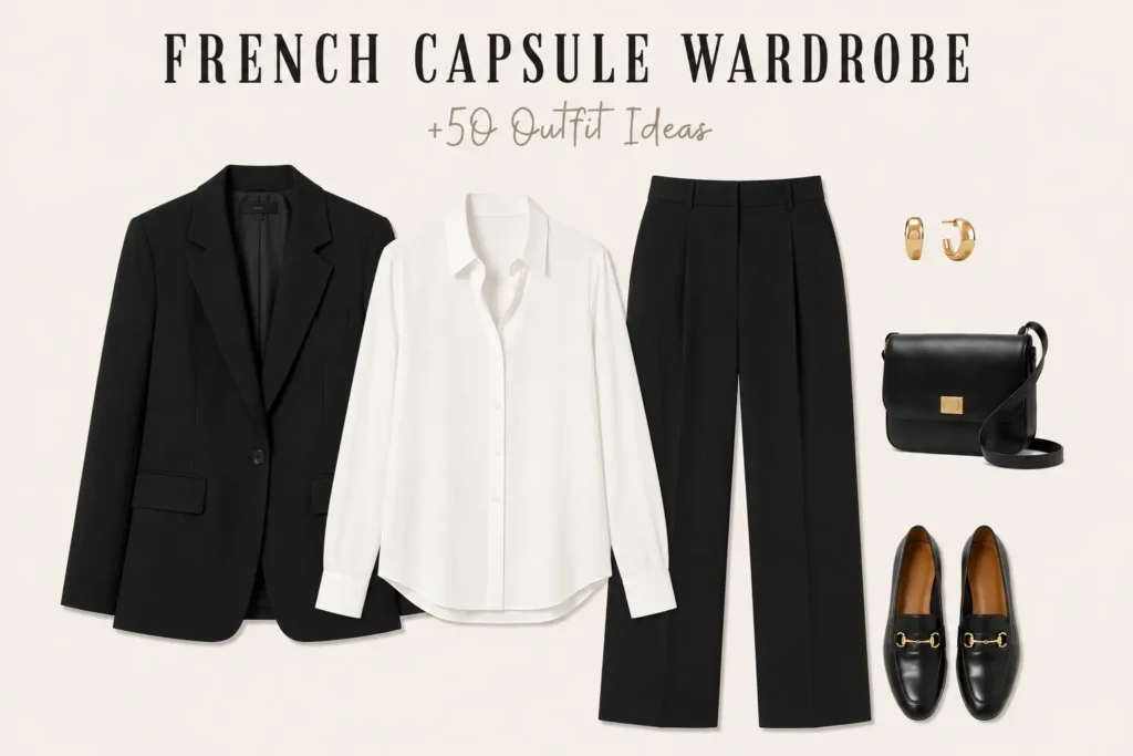 French capsule wardrobe outfit featuring a white button-down shirt, black tailored trousers, black blazer, loafers, and a minimalist crossbody bag.