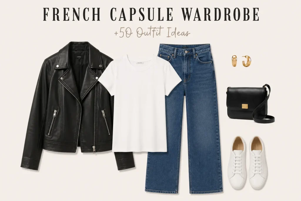 French capsule wardrobe outfit featuring a white tee, straight-leg jeans, black leather jacket, white sneakers, and minimalist accessories.
