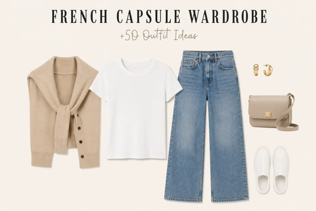 French capsule wardrobe outfit with a white tee, wide-leg jeans, white sneakers, and a neutral cardigan draped over the shoulders.