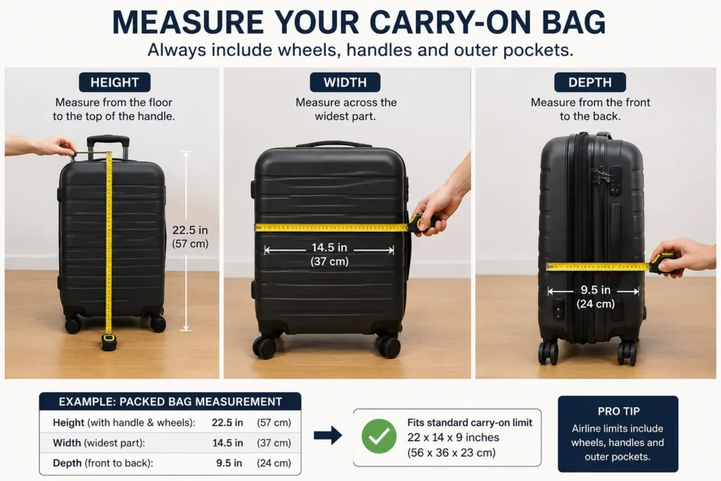 Measuring a packed carry-on suitcase including its wheels, handle and outer pockets.