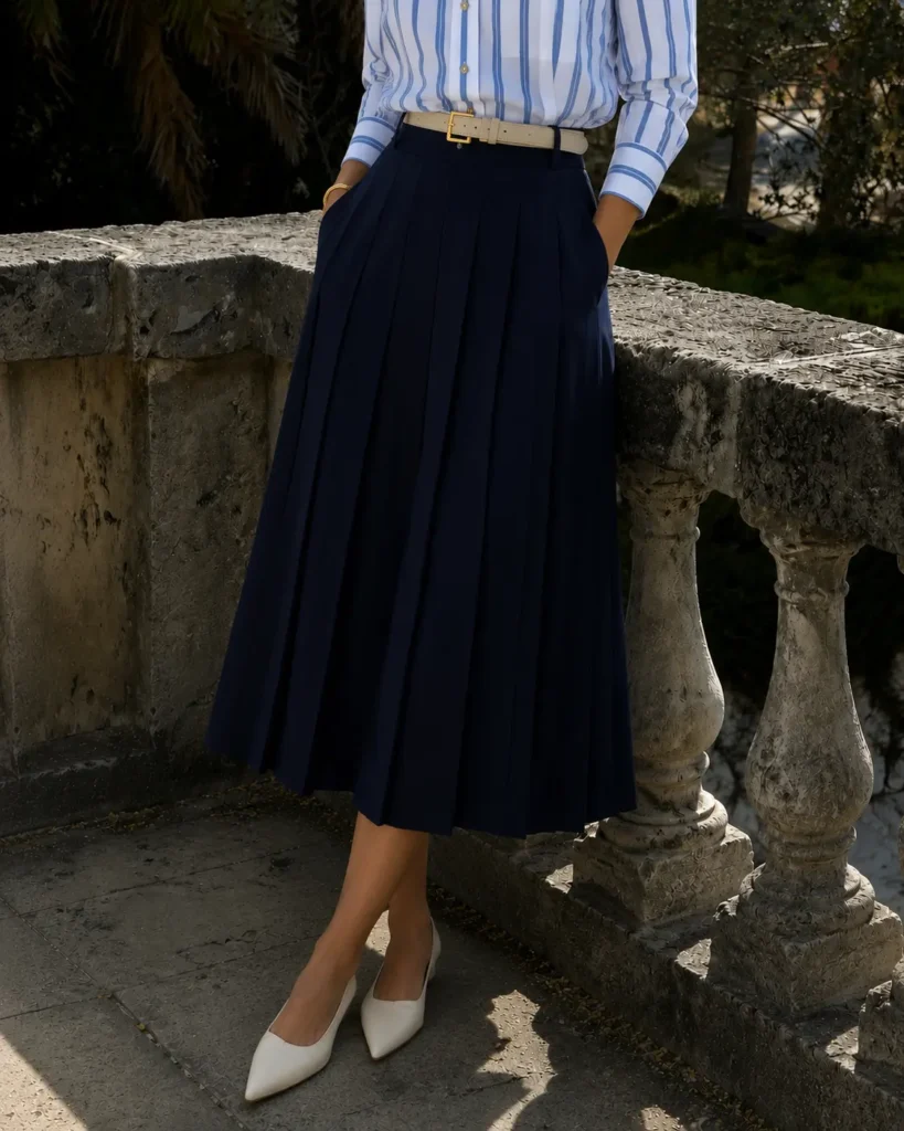 Navy pleated midi skirt styled with a blue striped shirt in a classic old money capsule wardrobe outfit.