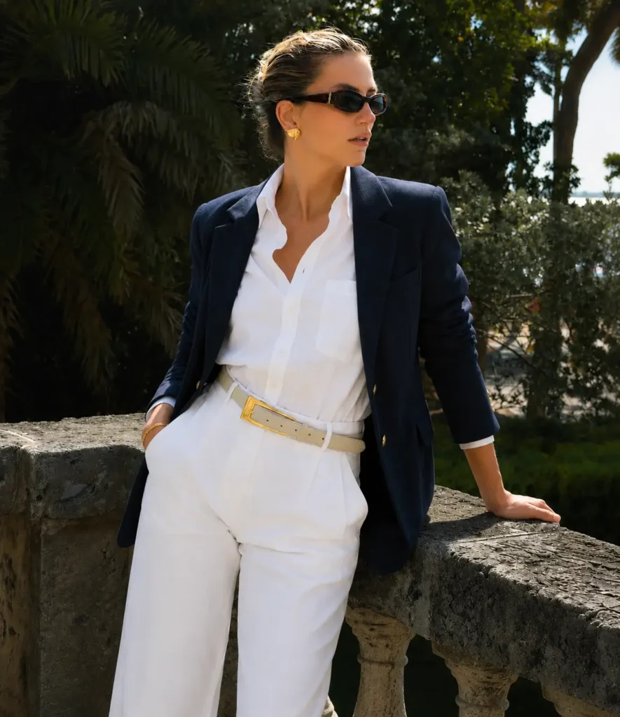 Woman wearing a tailored navy wool blazer over a white shirt in a timeless old money capsule wardrobe outfit.