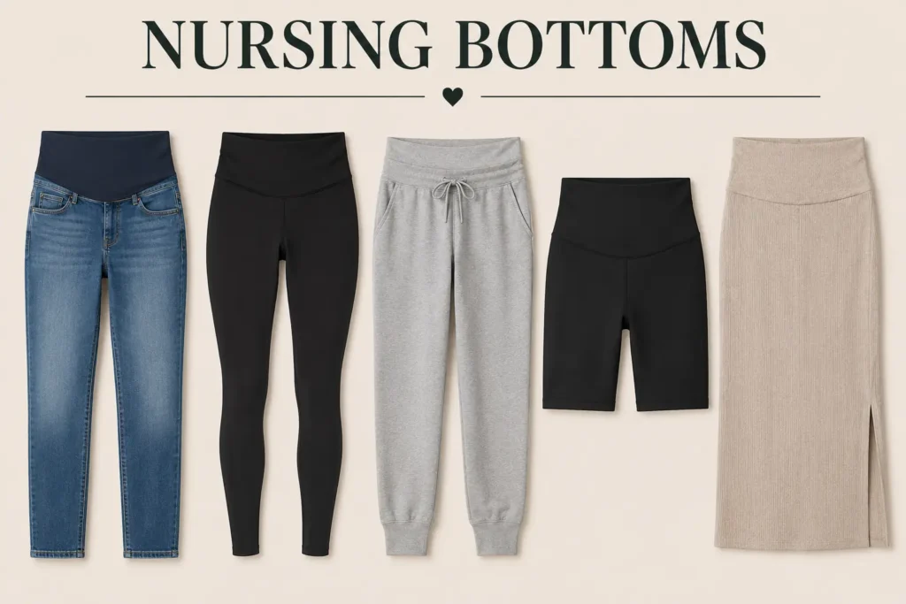 Nursing capsule wardrobe bottoms featuring high-waisted stretch jeans, leggings, joggers, bike shorts, and a knit midi skirt for postpartum comfort.