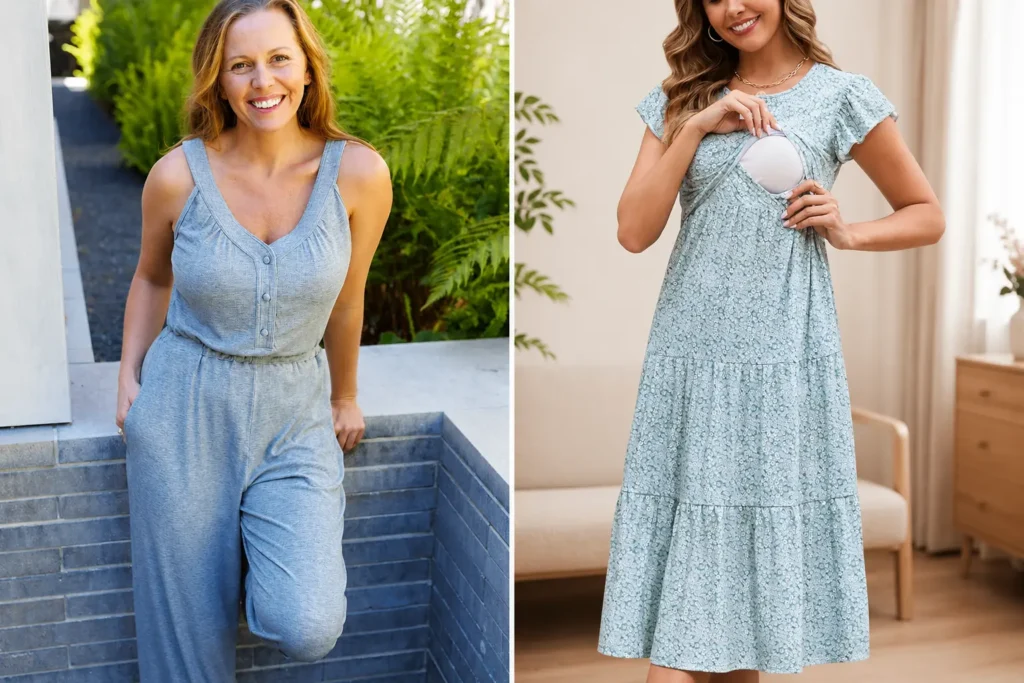 Nursing dress and nursing jumpsuit with breastfeeding-friendly access for a postpartum nursing capsule wardrobe.