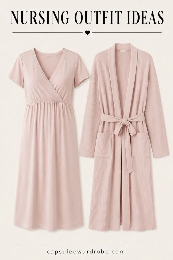 Soft nursing nightgown paired with a lightweight robe for comfortable nighttime breastfeeding and postpartum recovery.