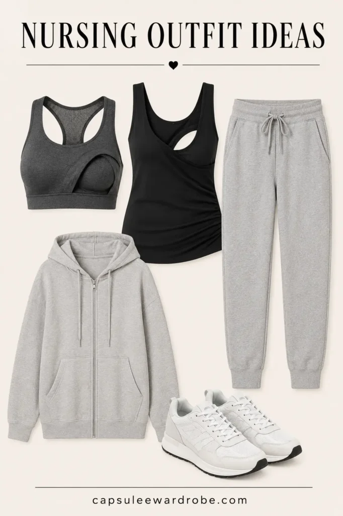 Comfortable nursing outfit featuring a nursing sports bra, tank top, joggers, and a hoodie for lounging or errands.