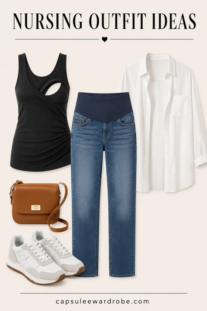 Nursing outfit with a breastfeeding tank, pull-on jeans, and an open button-up shirt for easy nursing access.