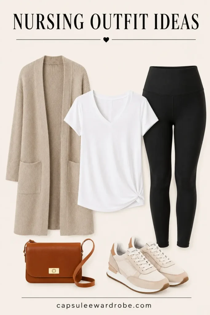 Nursing outfit with a breastfeeding tee, black leggings, and a long cardigan for everyday postpartum comfort.