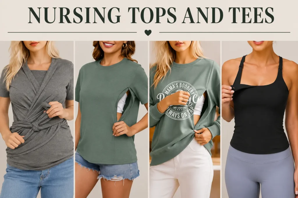 Nursing tops and tees for a breastfeeding capsule wardrobe featuring wrap, side-access, lift-up, and nursing tank styles.