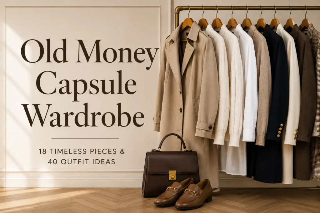 Old money capsule wardrobe featuring 18 timeless clothing essentials and classic outfit ideas in a neutral luxury wardrobe.