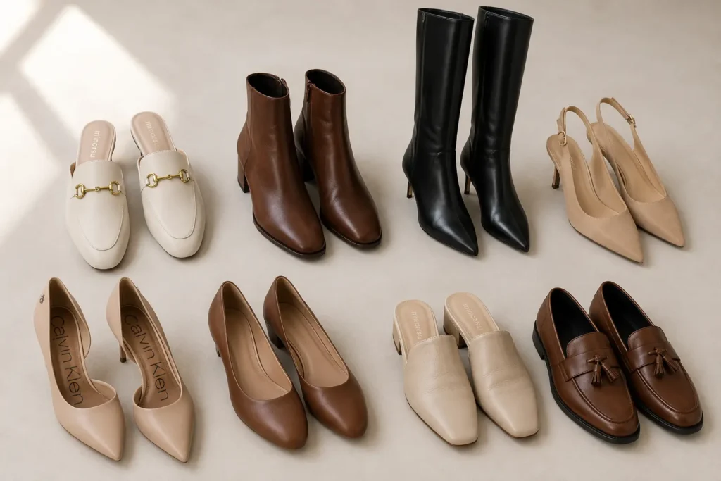 Classic leather shoes for an old money capsule wardrobe including loafers, ballet flats, pumps, slingback heels, kitten heels, knee-high boots, ankle boots, and leather mules arranged together.