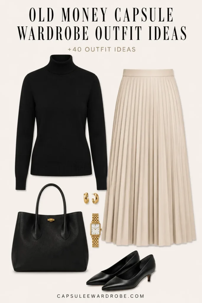 Elegant old money capsule wardrobe outfit featuring a black turtleneck sweater, pleated midi skirt, classic pumps, and refined leather accessories.