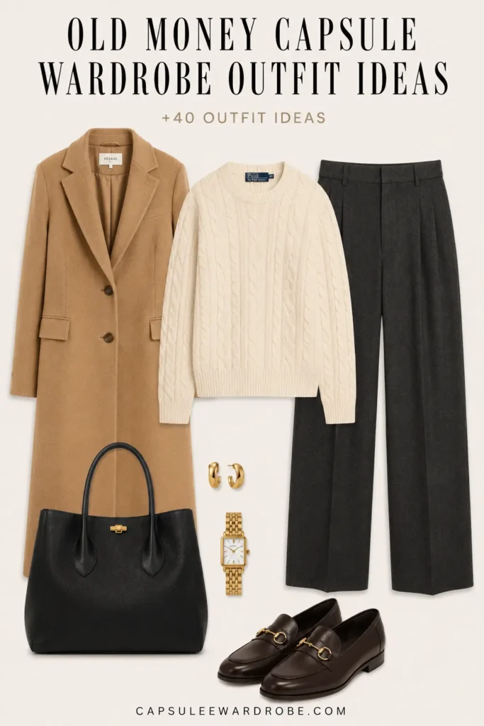Old money capsule wardrobe outfit with an ivory cable-knit sweater, charcoal tailored trousers, camel wool coat, leather loafers, and luxury accessories.