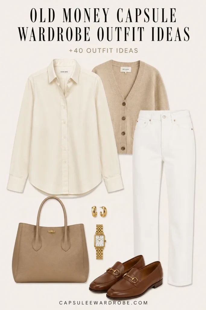 Old money capsule wardrobe outfit with a cream Oxford shirt, white jeans, cashmere cardigan, leather loafers, and timeless accessories.
