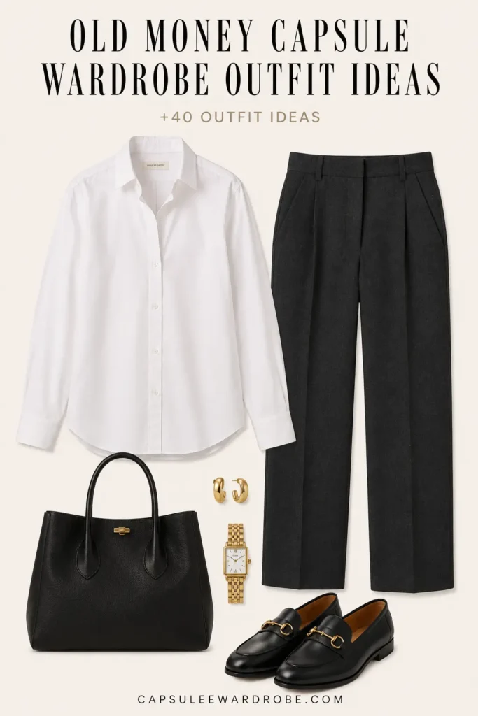 Old money capsule wardrobe outfit featuring a white button-down shirt, charcoal tailored trousers, leather loafers, structured handbag, and classic accessories.