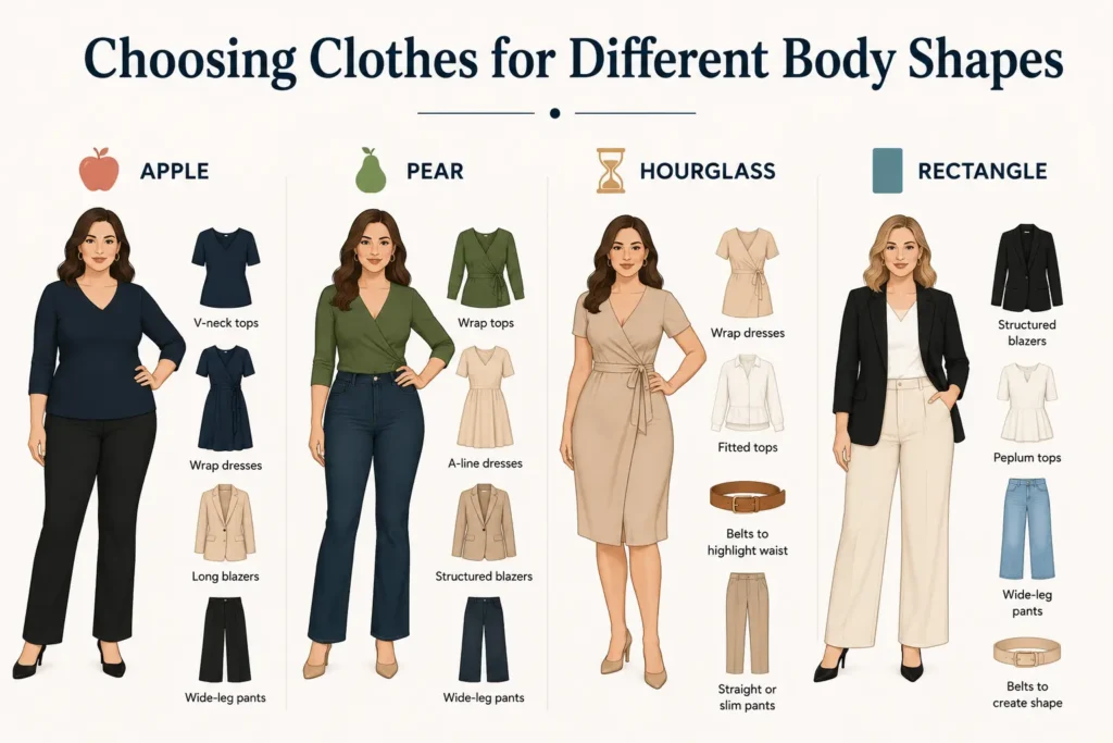 Body shape guide showing clothing recommendations for apple, pear, hourglass, and rectangle body shapes.
